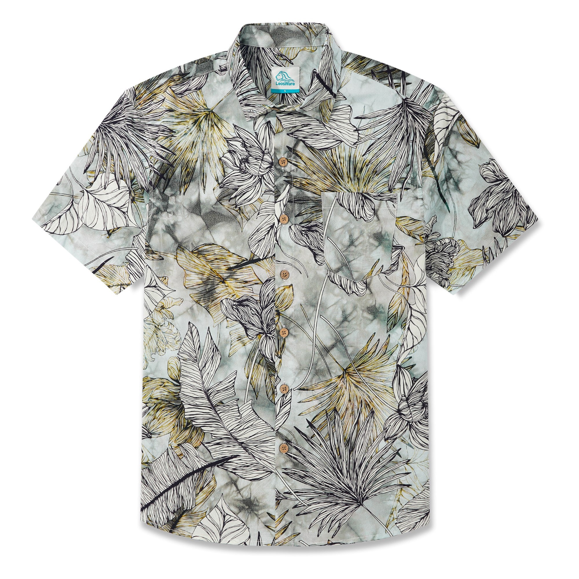 LeosWare® Men's Hawaiian Shirt Short Sleeve Button-up 100% Cotton Green Aloha Fresh Tropical Plant Art