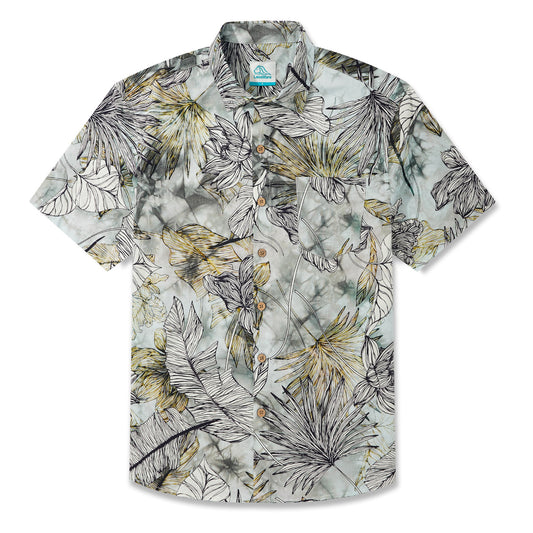 LeosWare® Men's Hawaiian Shirt Short Sleeve Button-up 100% Cotton Green Aloha Fresh Tropical Plant Art