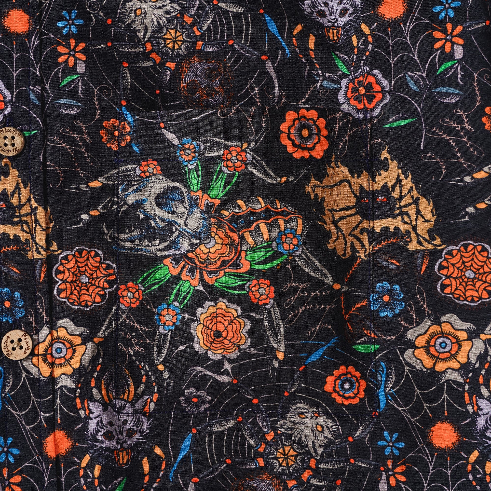 Men's Hawaiian Shirt Short Sleeve Button-down 100% Cotton Black Aloha Spider Cat