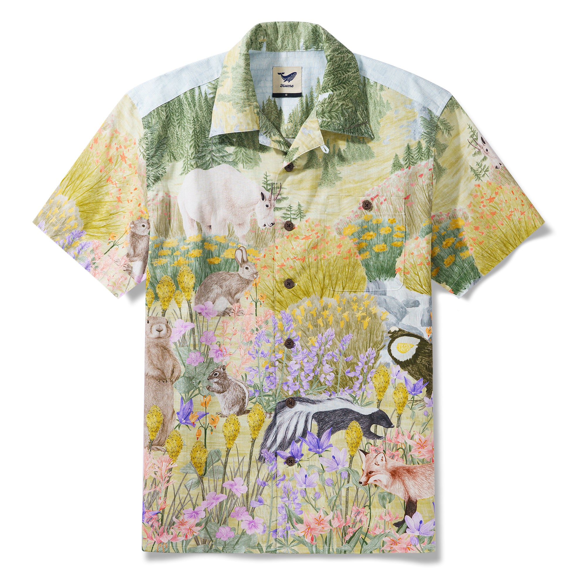 Parc national olympique prairie alpine Par Stacy Hsu Chemise à col camp en coton 100% pour homme à manches courtes Verte Aloha Hawaïenne