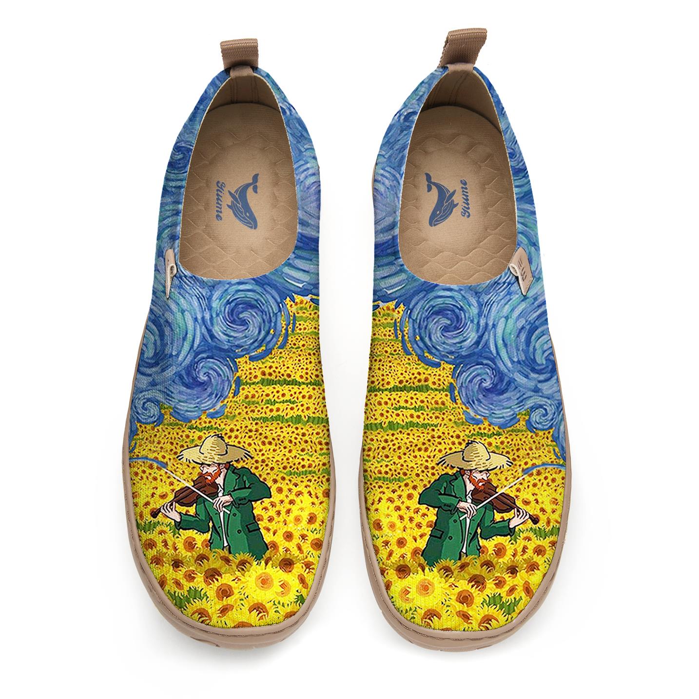Yiume Frauenkunst ausschlüpften Schuhen bequeme atmungsaktive Strick-Freizeitschuhe, Geige van Gogh van Gogh Blues