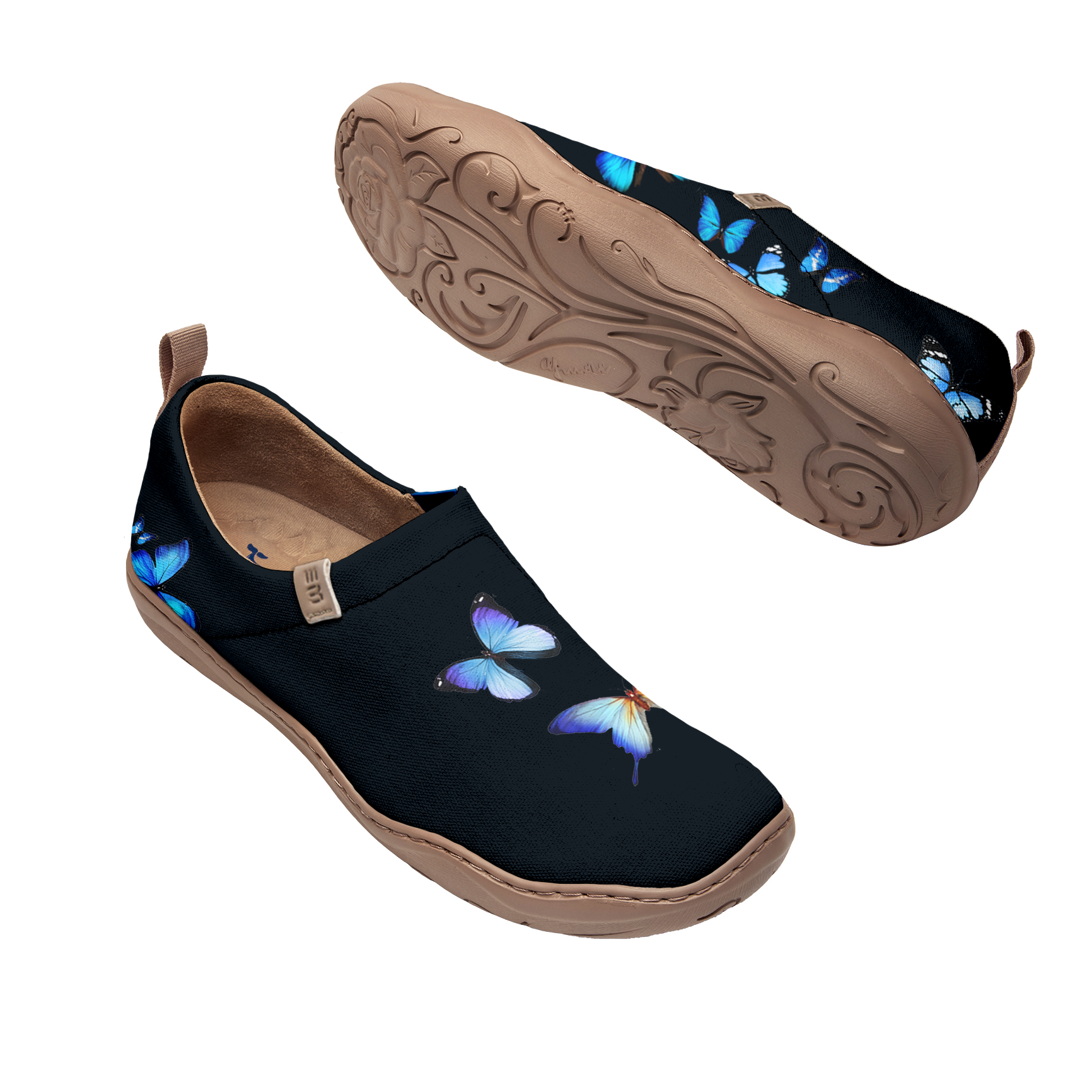 Yiume Women's Art Slip-On Casual Canvas Shoes Black And Blue Butterfly Painted,100% Cotton Midnight Butterfly