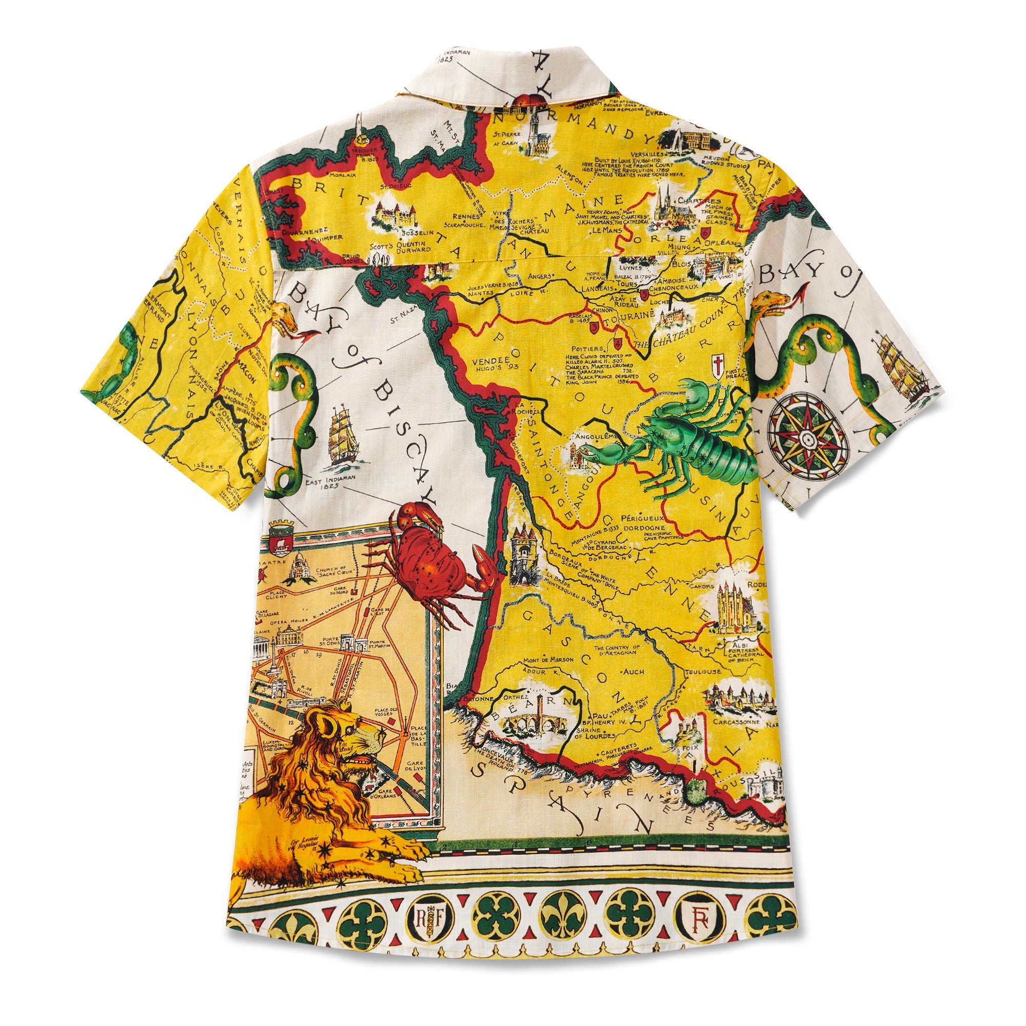 Women's Hawaiian Shirt Short Sleeve Camp Collar 100% Cotton Yellow Aloha Vintage French Map