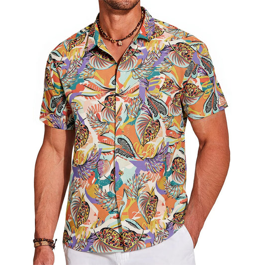 LeosWare® Men's Hawaiian Shirt Short Sleeve Button-up 100% Cotton Brown Aloha Tropical Plant Fusion Art Print