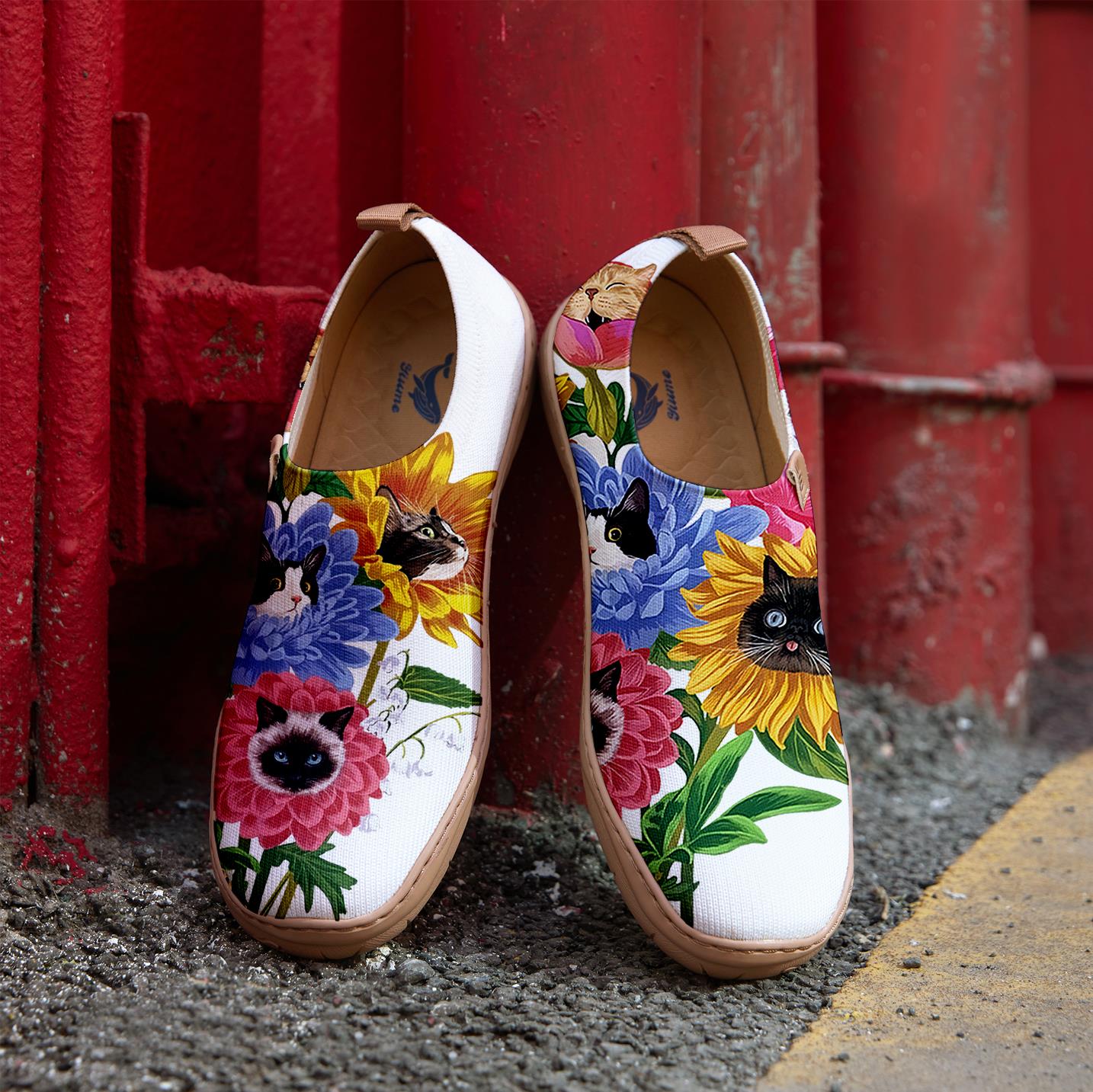 Chaussures à glissière d'art pour femmes Yiume confortable coups de chaussures décontractées en tricot, félin floral