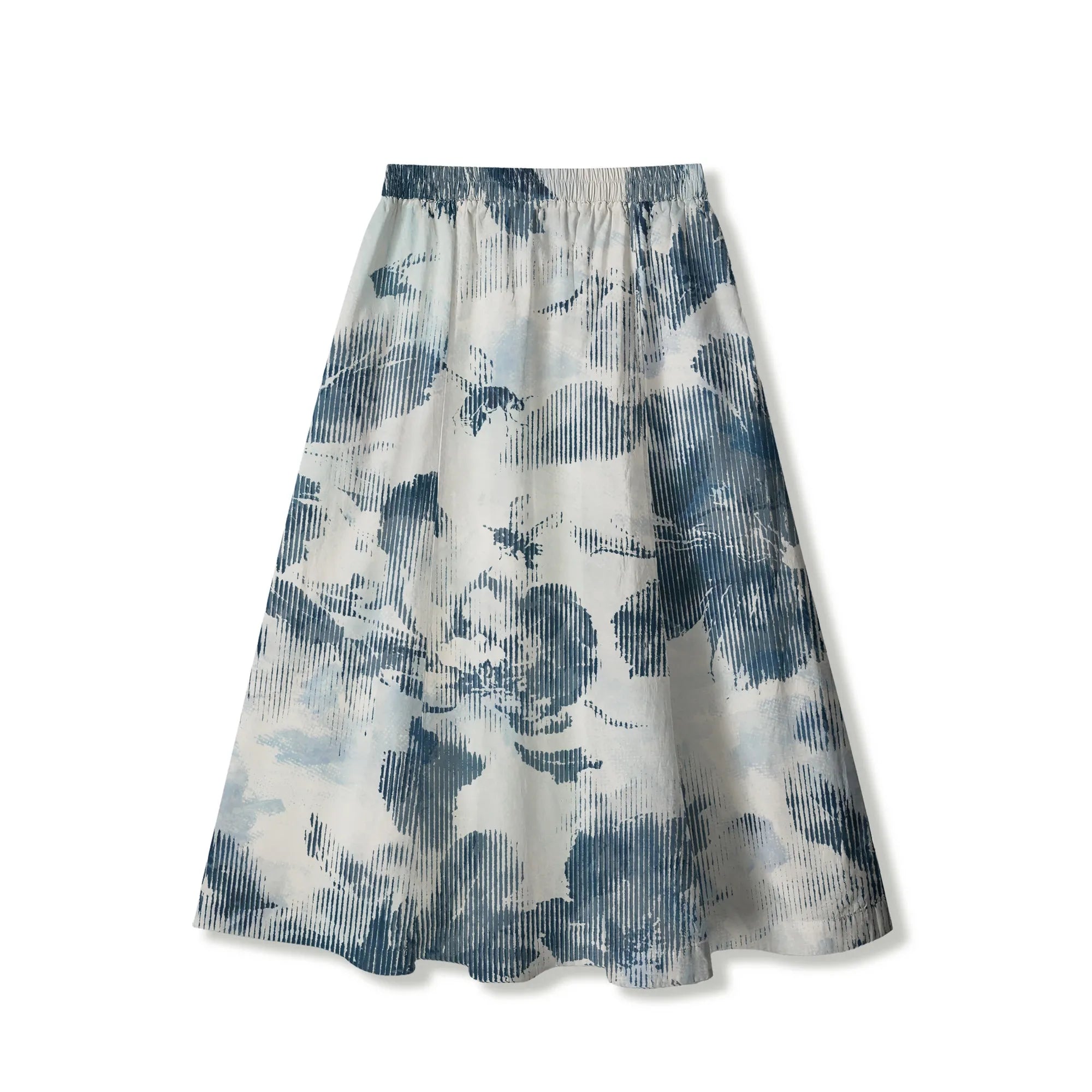 Women's resort wear skirt, blue floral, elastic waist, pockets