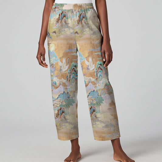Women Casual Ankle Pants Lounge Elastic Waist with Pockets 93% Lyocell, 7% Linen Aloha Crane Soaring To The Ninth Heaven