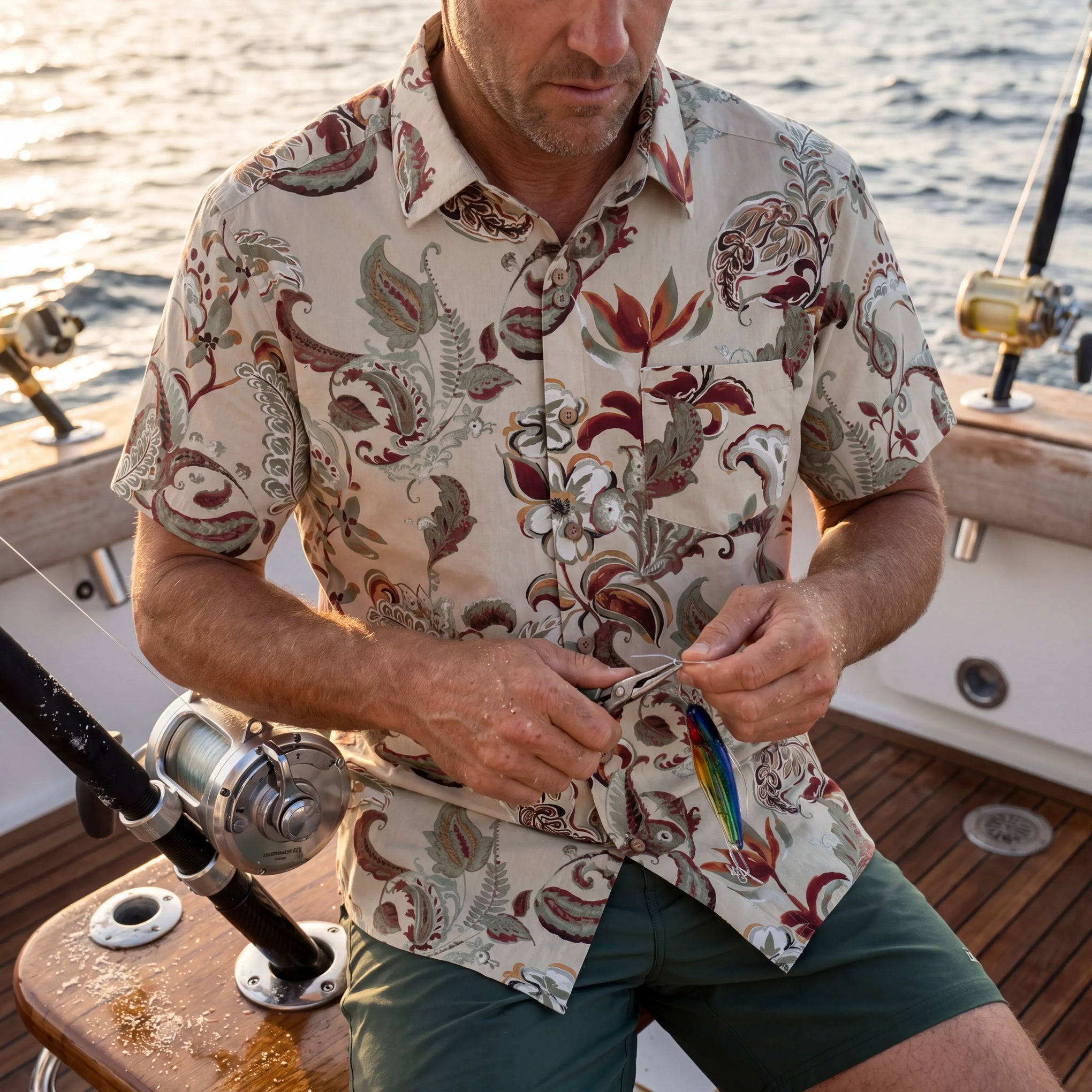 Men's Hawaiian shirt, paisley floral art, button-up, cotton