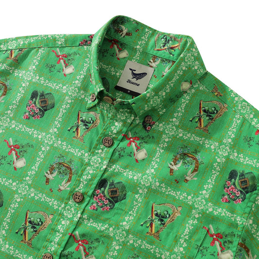Chemise hawaïenne pour hommes verte, chemise en coton à manches courtes pour la Saint-Patrick.