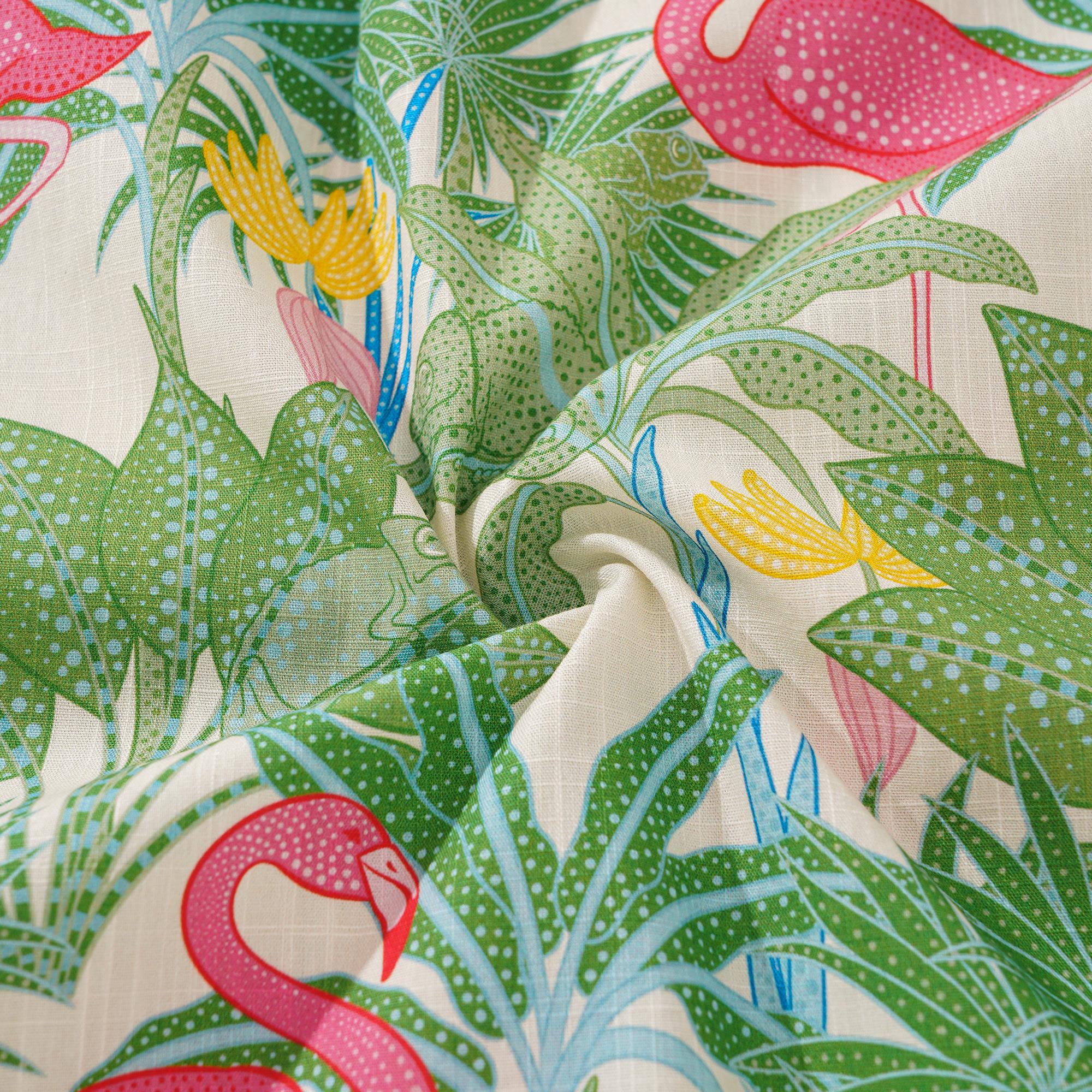 Herren-Hawaiian-Hemd Kurzärmel Button 100% Baumwolle Beige Aloha Flamingos & Chameleons von House of Haricot
