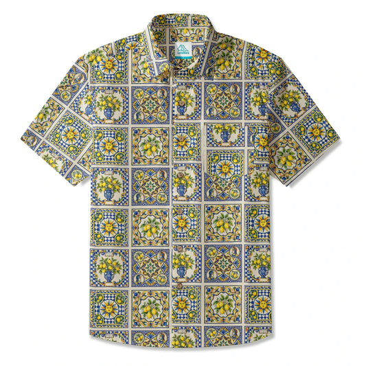 LeosWare Men's Hawaiian Shirt, Sunlit Lemon design, short sleeve