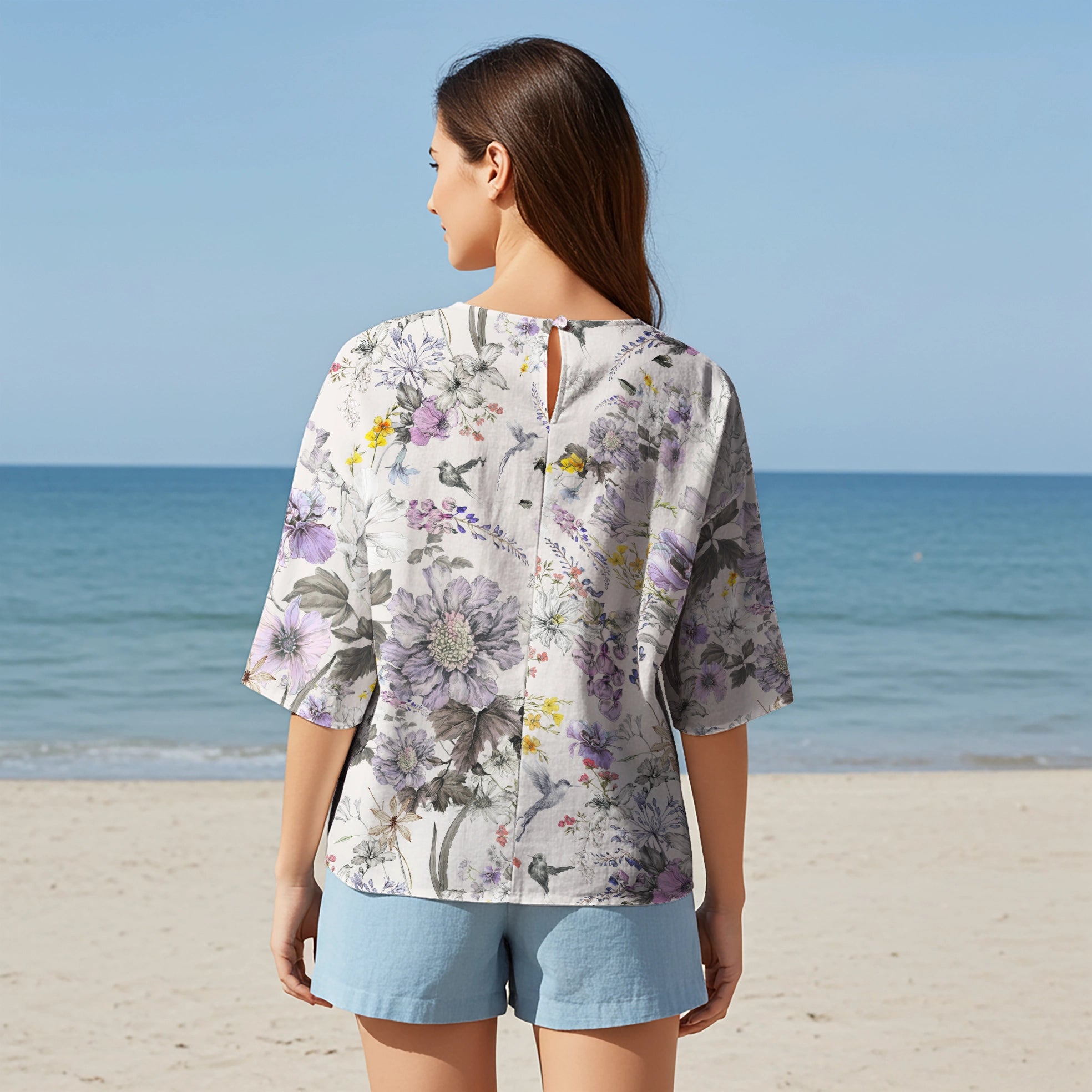 Women Casual Blouse Elbow Sleeve Crew Neck Button-Back 95% Lyocell, 5% Linen Purple Aloha Dream Of Soft Purple Flowers