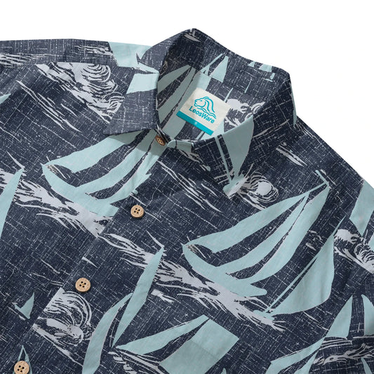 Blue sailboat pattern Hawaiian shirt for men, short sleeve