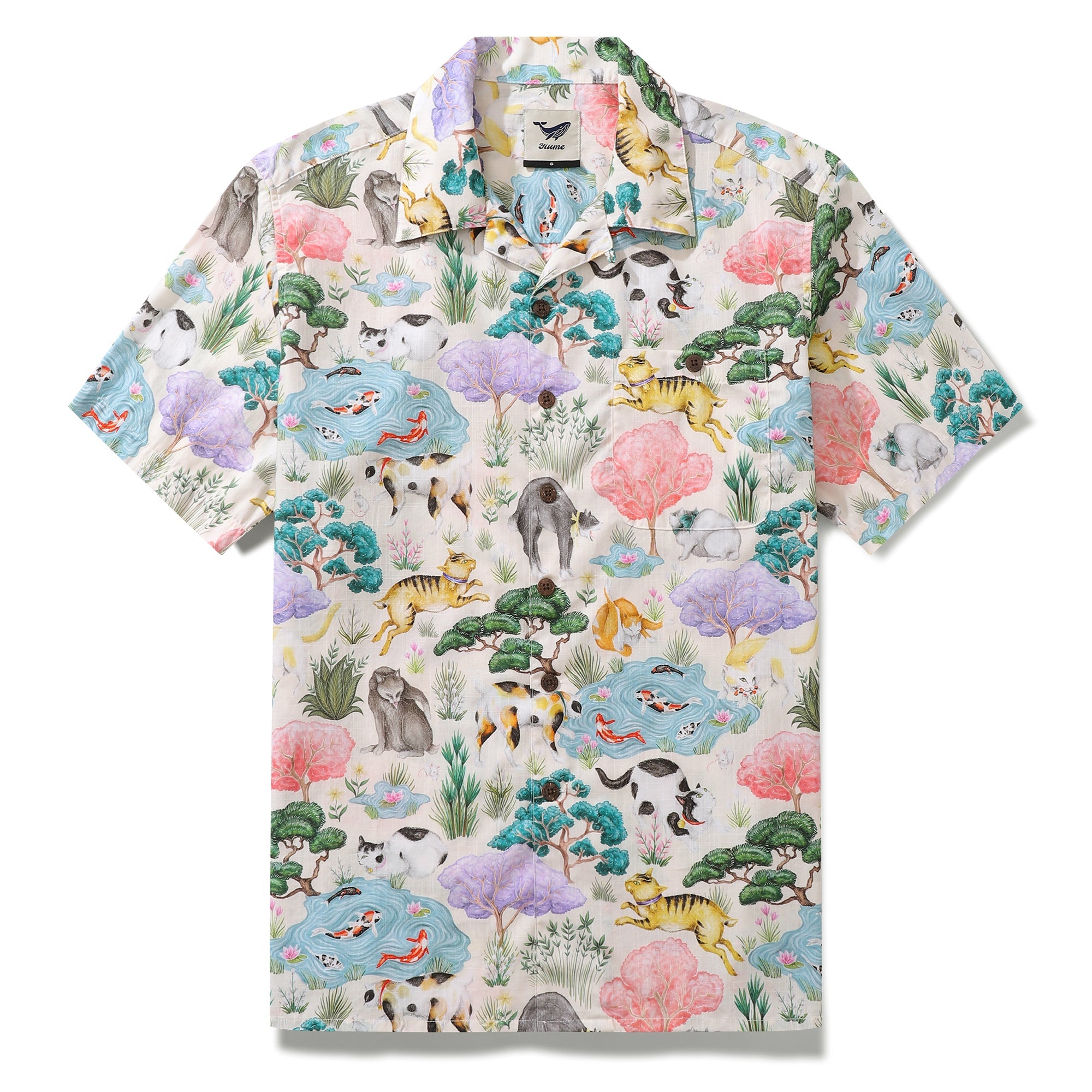 Japanische Hawaiian-Shirt für Männer Ukiyo-e Katzen Druck Shirt Camp Kragen 100% Baumwolle Shirt
