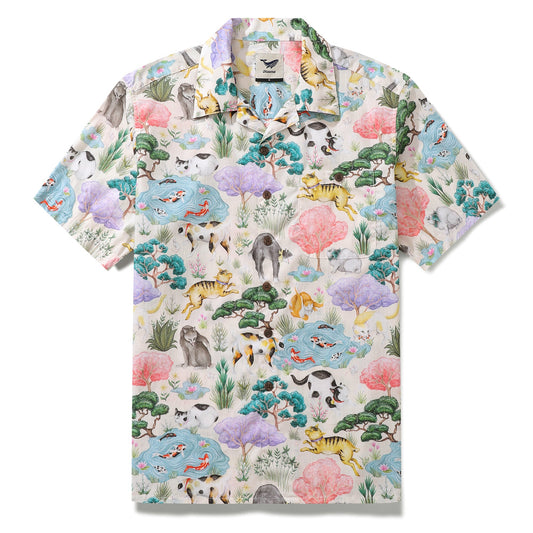 Japanese Hawaiian Shirt For Men Ukiyo-e Cats Print Shirt Camp Collar 100% Cotton Shirt Japanese Cat Garden By Catherine Rowe