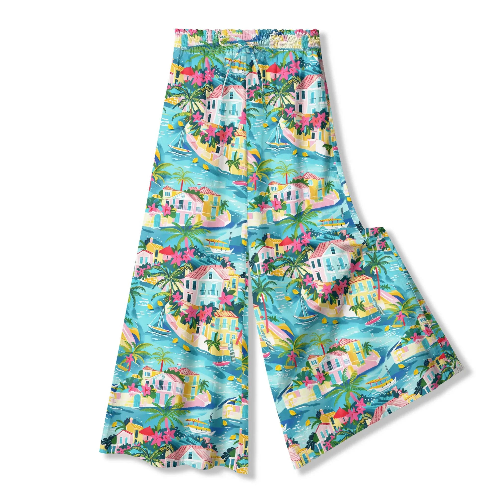 Elastic waist palazzo pants, lemon pattern
