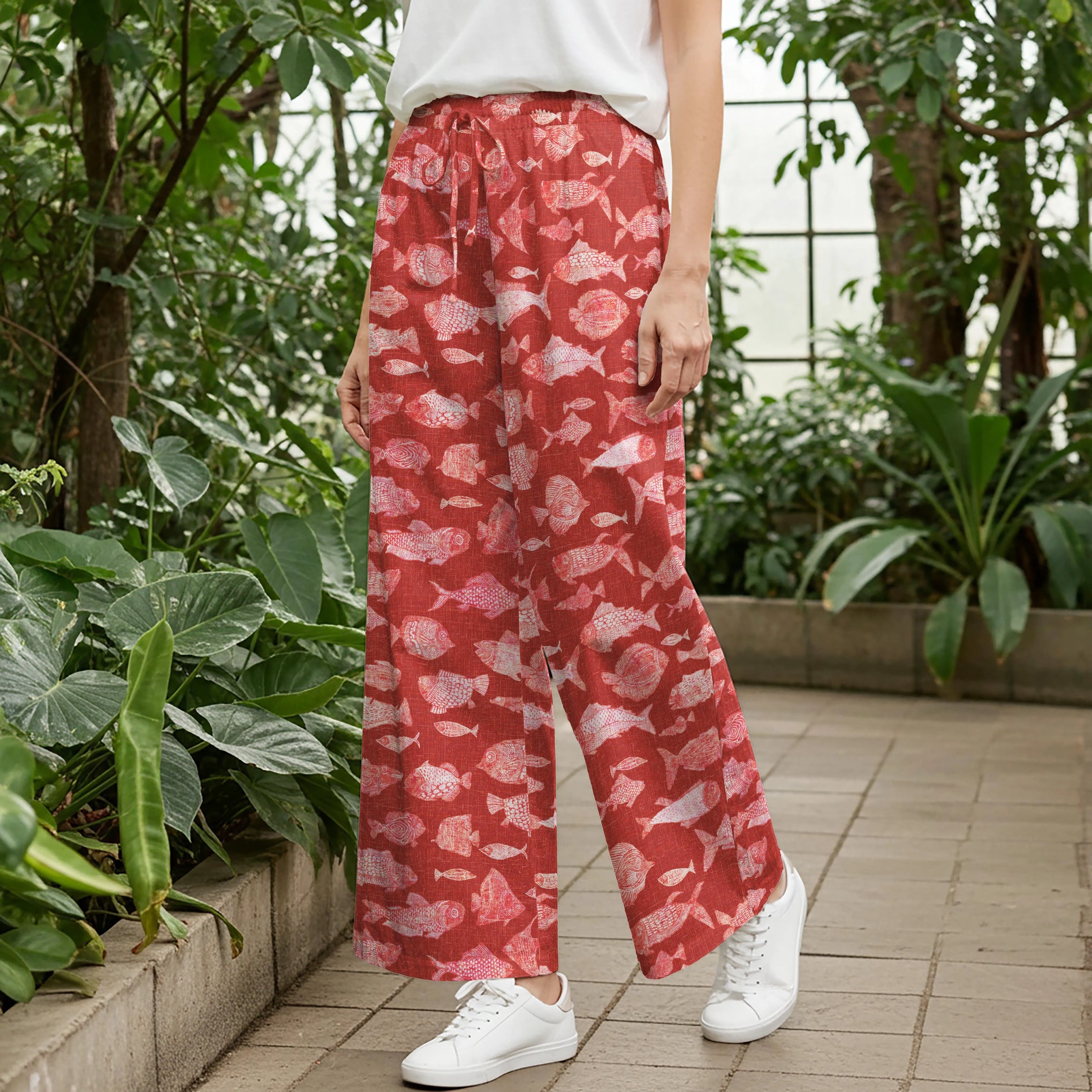 Women Casual Pants Lounge Elastic Waist Drawstring with Pockets 93% Lyocell, 7% Linen Red Aloha Red Fish Reverie