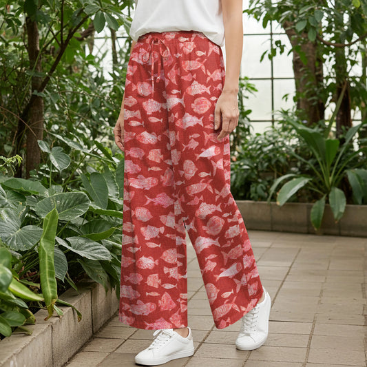 Women Casual Pants Lounge Elastic Waist Drawstring with Pockets 93% Lyocell, 7% Linen Red Aloha Red Fish Reverie