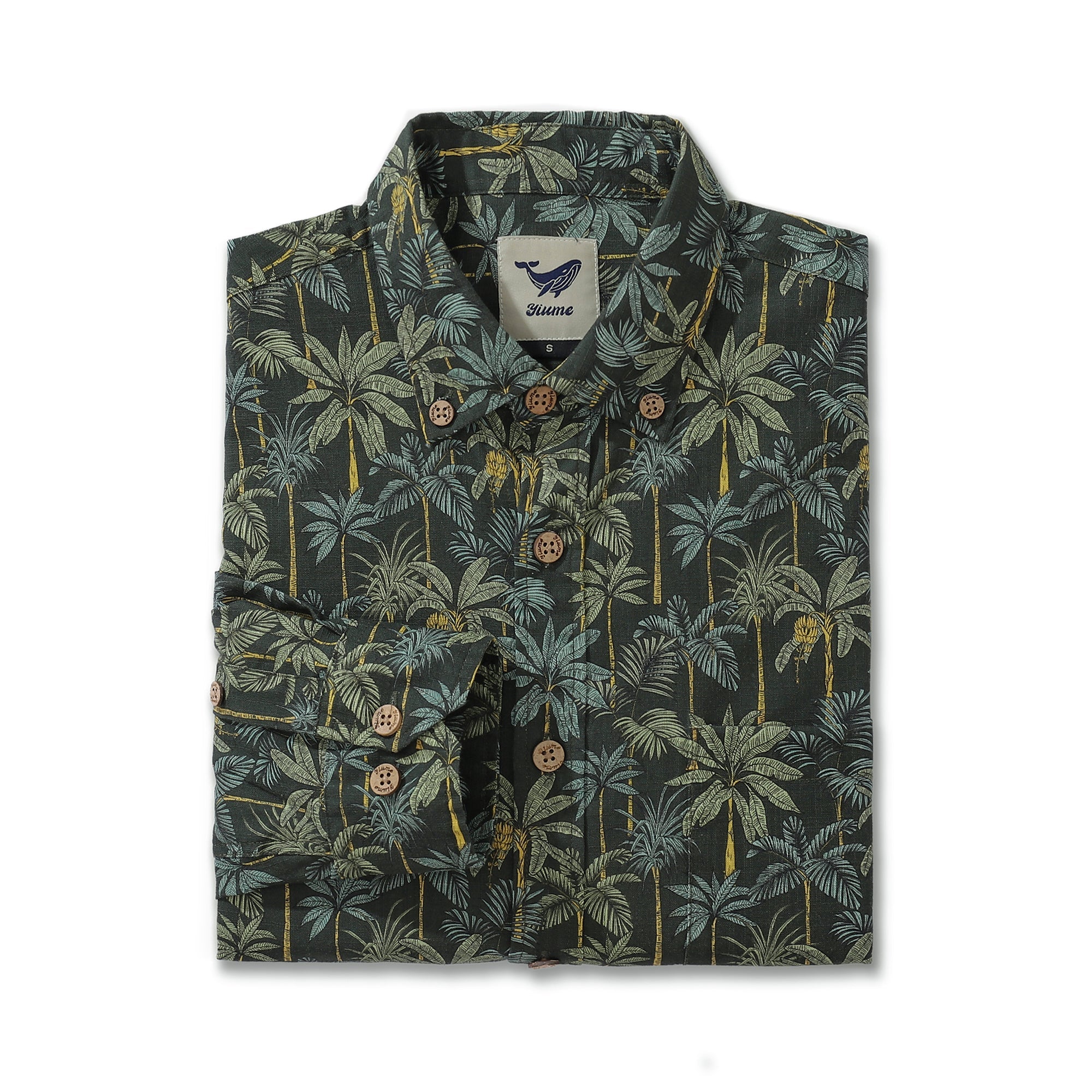 Chemise hawaïenne à manches longues pour hommes en coton, motif forêt tropicale, chemise Aloha à boutons.