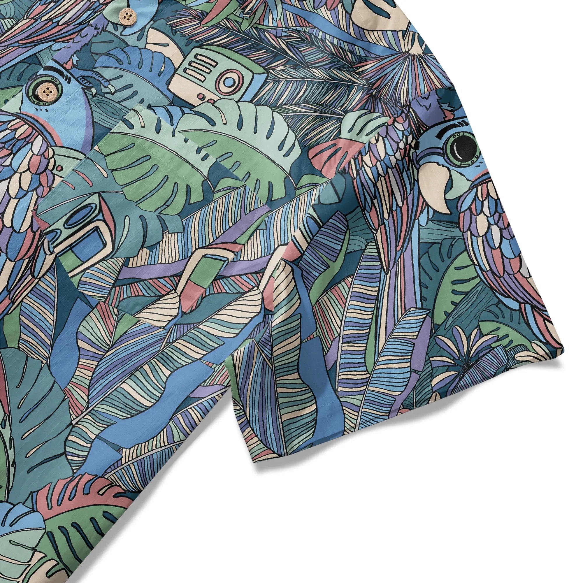 Men's short sleeve shirt with vibrant parrot design