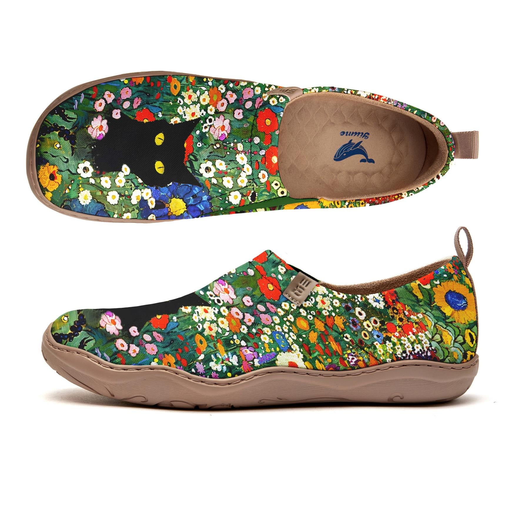 Yiume Frauenkunst Slip-on lässige Schuhe Schwarze Katze Blüte gemalt, 100% Baumwolle