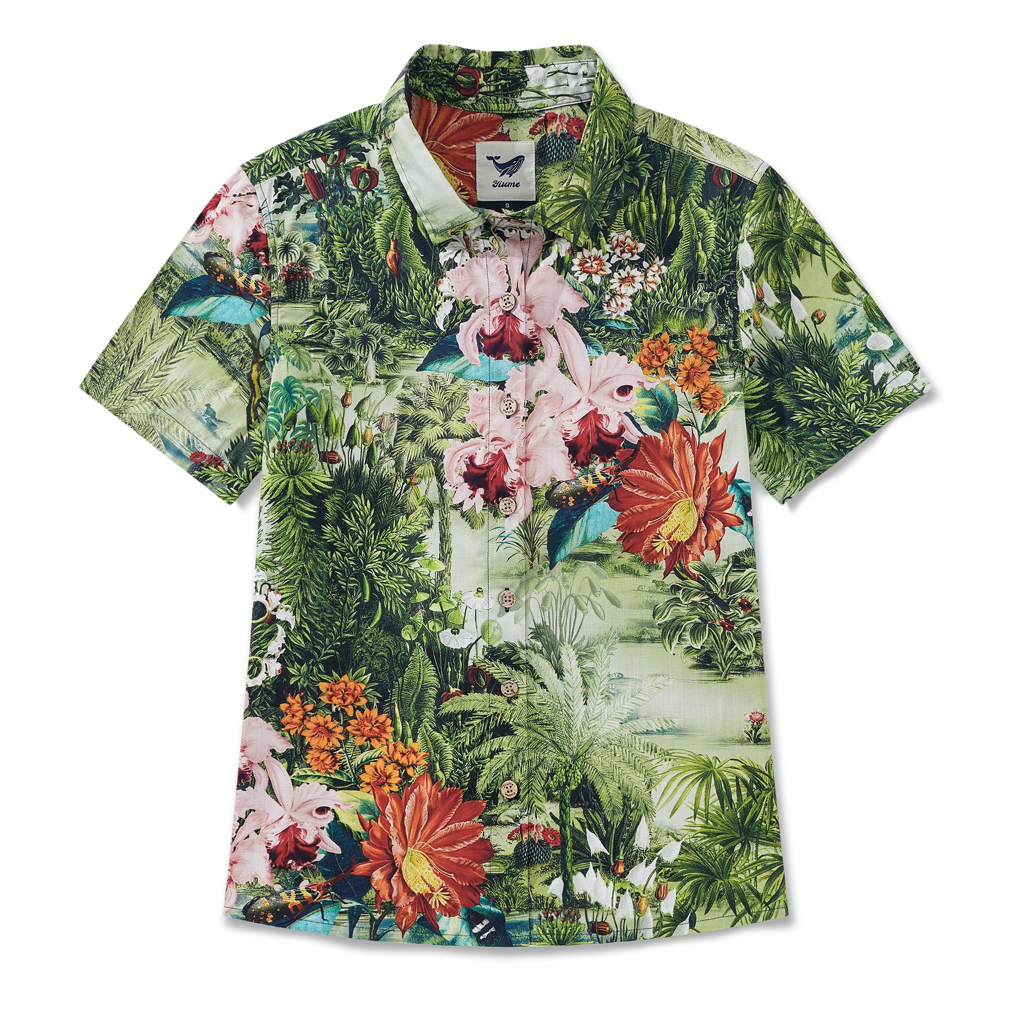 女性のハワイアンシャツ半袖ボタンアップ100％コットンベージュアロハエンチャンテッドパラダイス