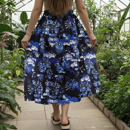 Women Casual Maxi Skirt Long Elastic Waist with Pockets 100% Cotton Blue Aloha Mystical Cosmic Blue Galaxy