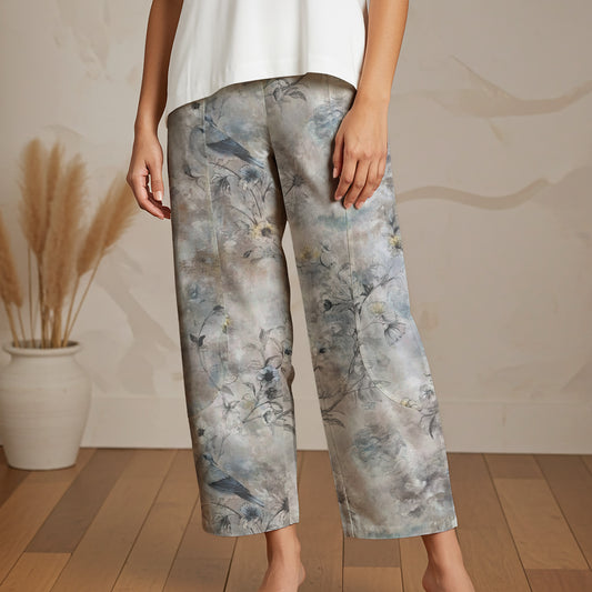 Women Casual Ankle Pants Lounge Elastic Waist with Pockets 93% Lyocell, 7% Linen Gray Aloha Floral Silhouettes And Birds In Solid Colors