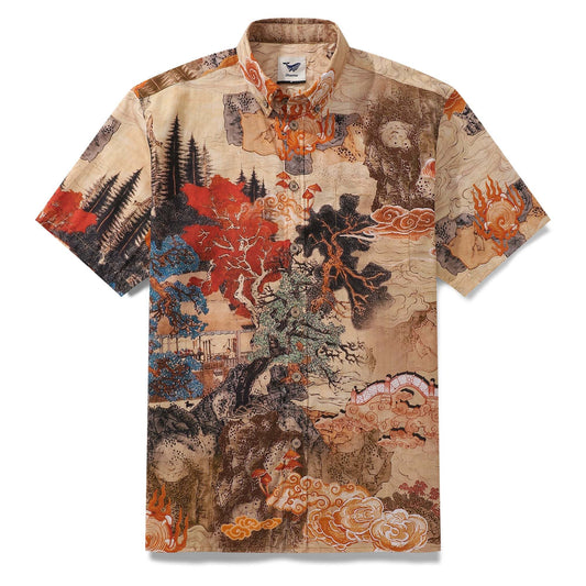 Cloudy Mountain art shirt for men, red tree design