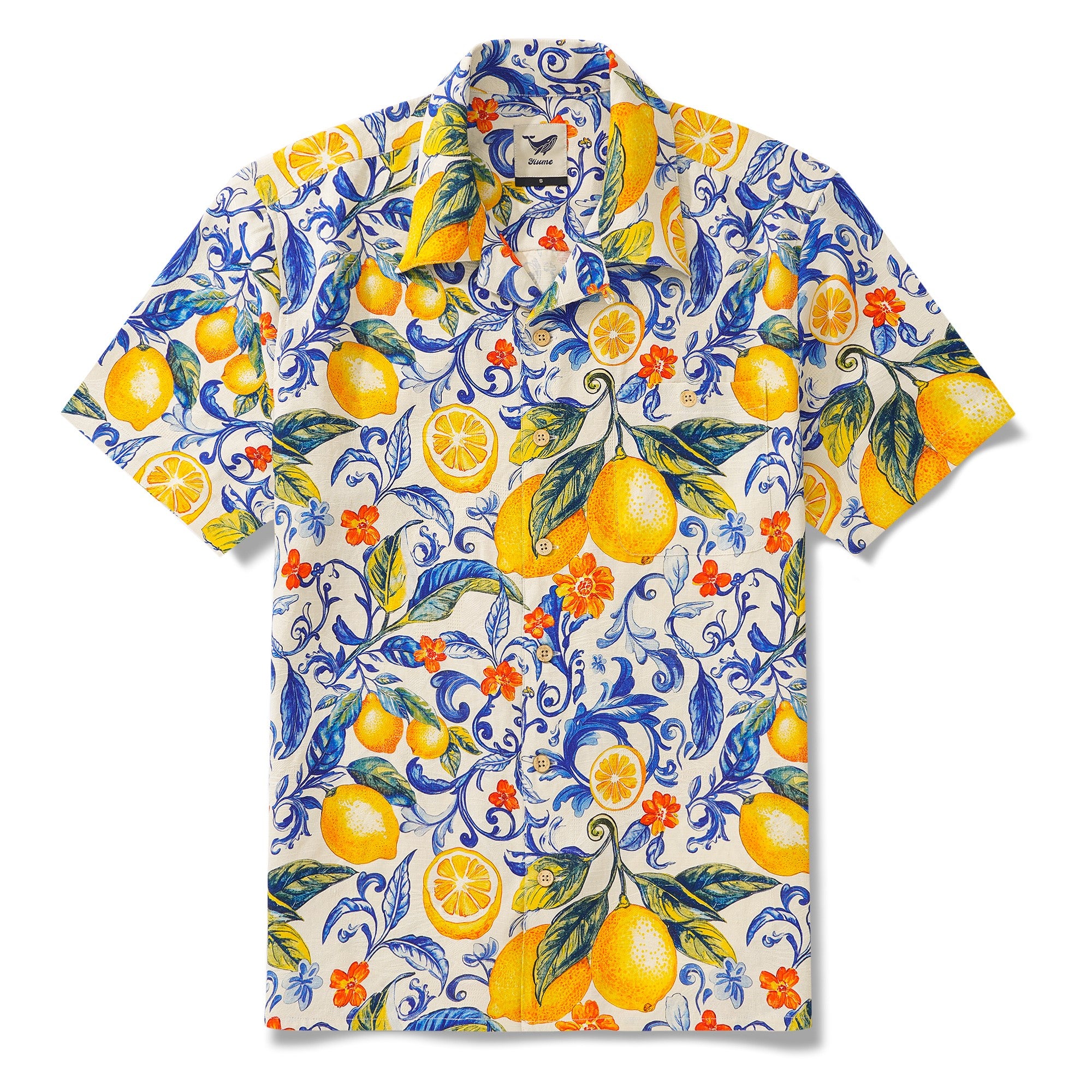 100% Silk Men's Hawaiian Shirt Short Sleeve Camp Collar 100% Silk Blue Aloha Sunlit Lemons