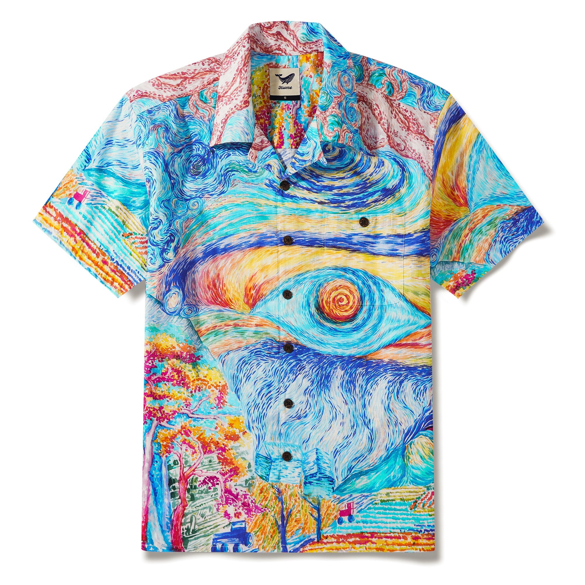 Men's Hawaiian Shirt Short Sleeve Camp Collar 100% Cotton Blue Aloha Vision in the Starry Night