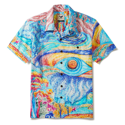 Men's Hawaiian Shirt Short Sleeve Camp Collar 100% Cotton Blue Aloha Vision in the Starry Night