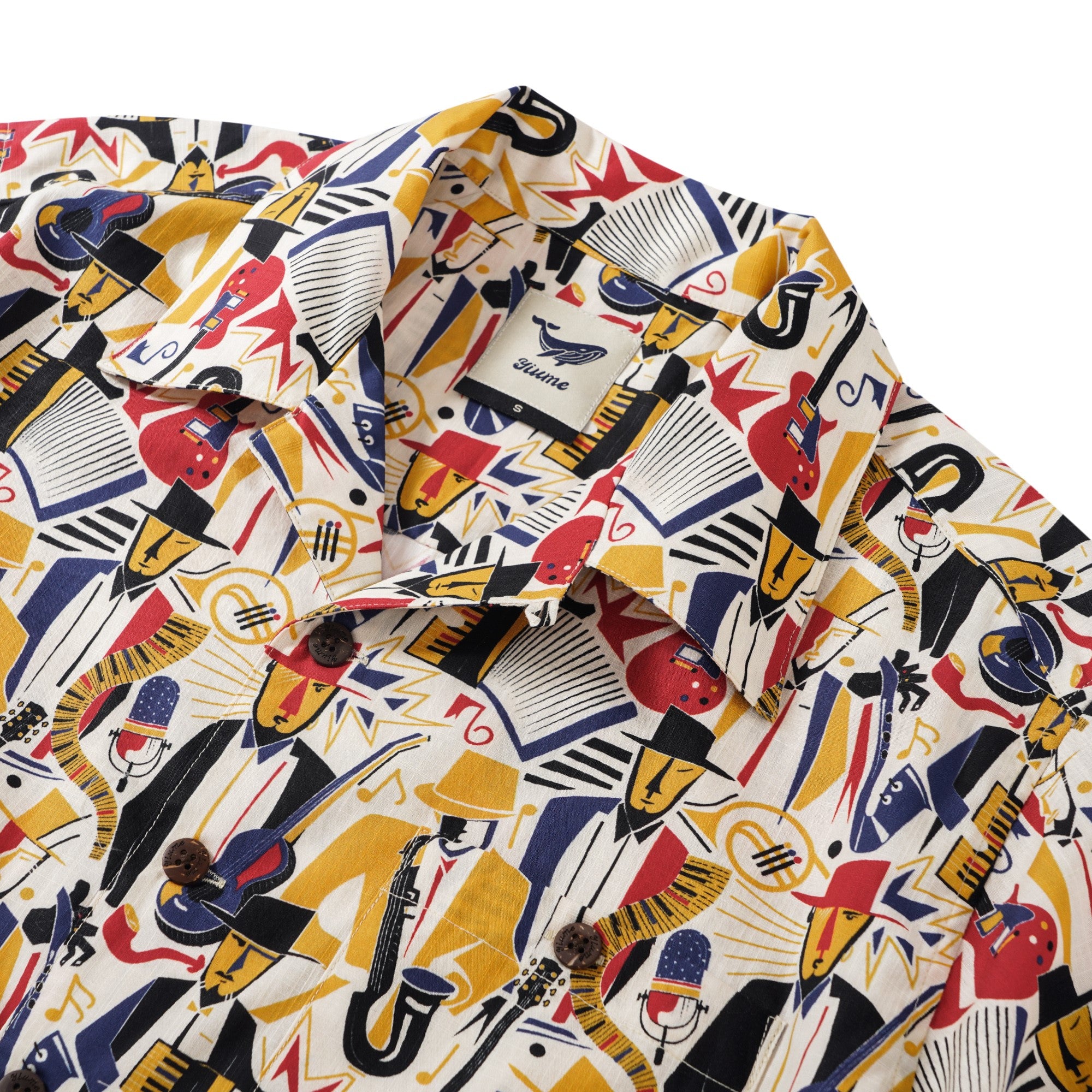 Men's Hawaiian Shirt Short Sleeve Camp Collar 100% Cotton Yellow Aloha Joyful Jazz By Pallavi Chaudhary