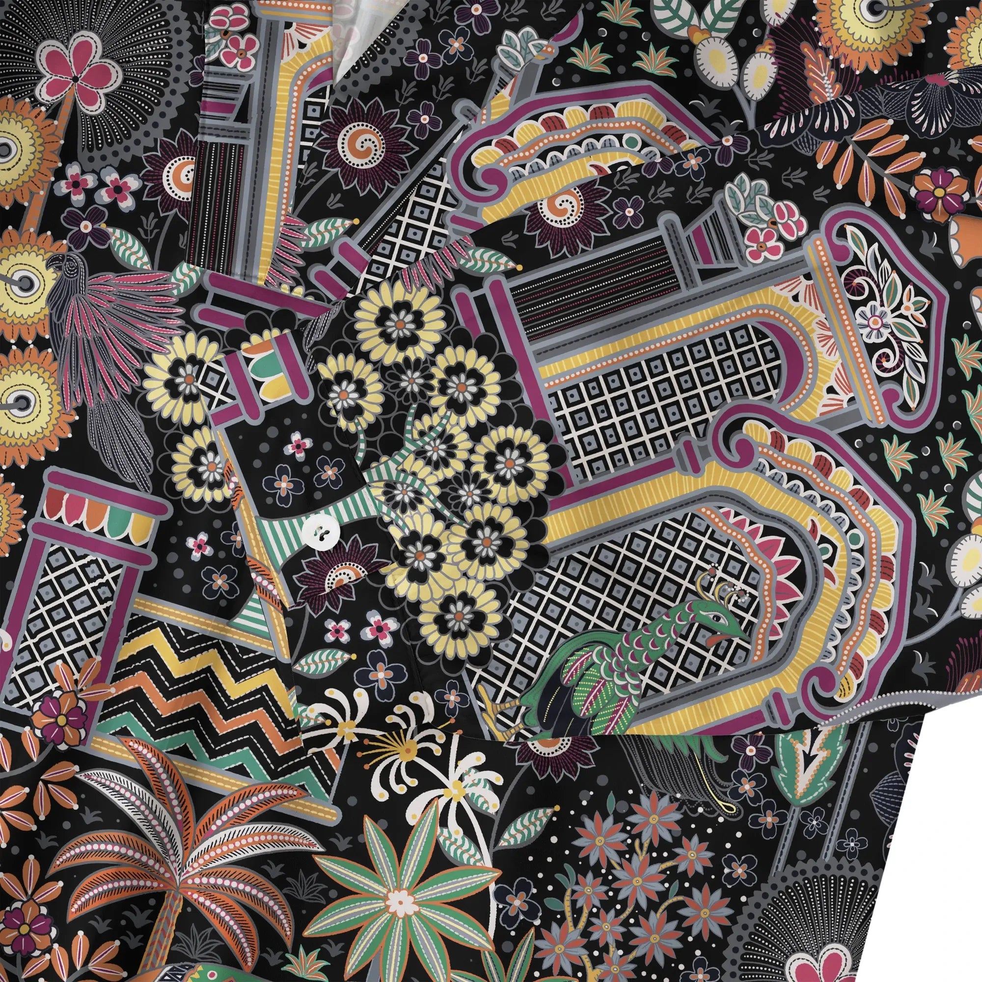 Women's green aloha Jaipur gem blouse, tropical floral design