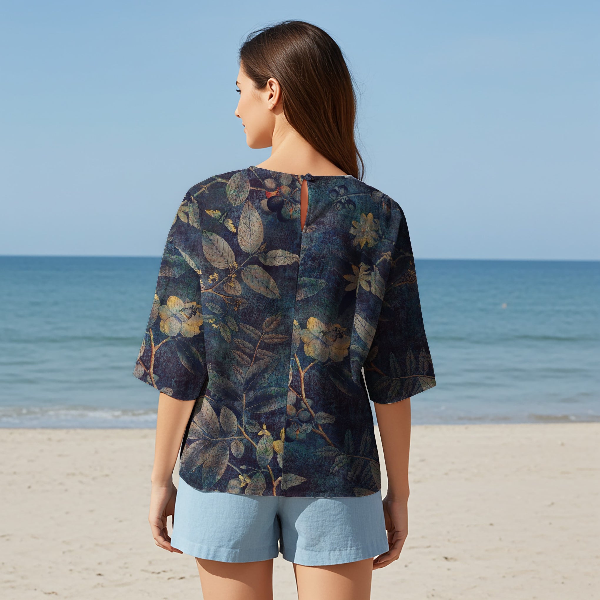 Women Casual Blouse Elbow Sleeve Round Neck Button-Back 95% Lyocell, 5% Linen Green Aloha Atmospheric Plant Whispers