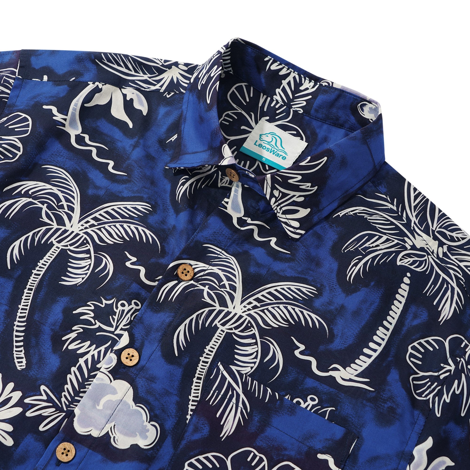 LeosWare® Men's Hawaiian Shirt Short Sleeve Button-up 100% Cotton Blue Aloha Blue Coconut Island Print