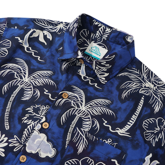 LeosWare® Men's Hawaiian Shirt Short Sleeve Button-up 100% Cotton Blue Aloha Blue Coconut Island Print