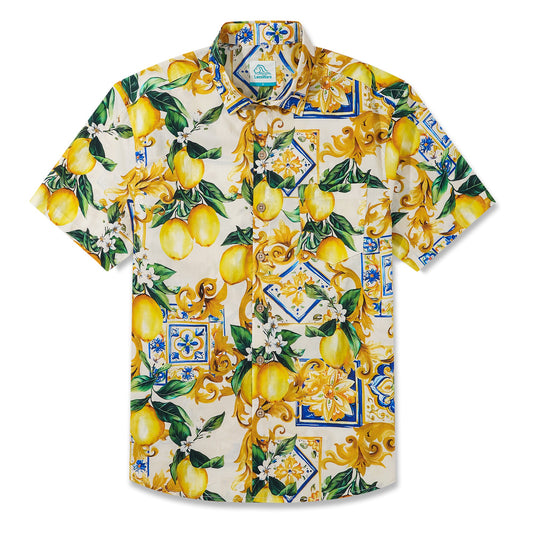 LeosWare® Men's Hawaiian Shirt Short Sleeve Button-up 100% Cotton Yellow Aloha Romantic Interplay Of Lemon And Patterns