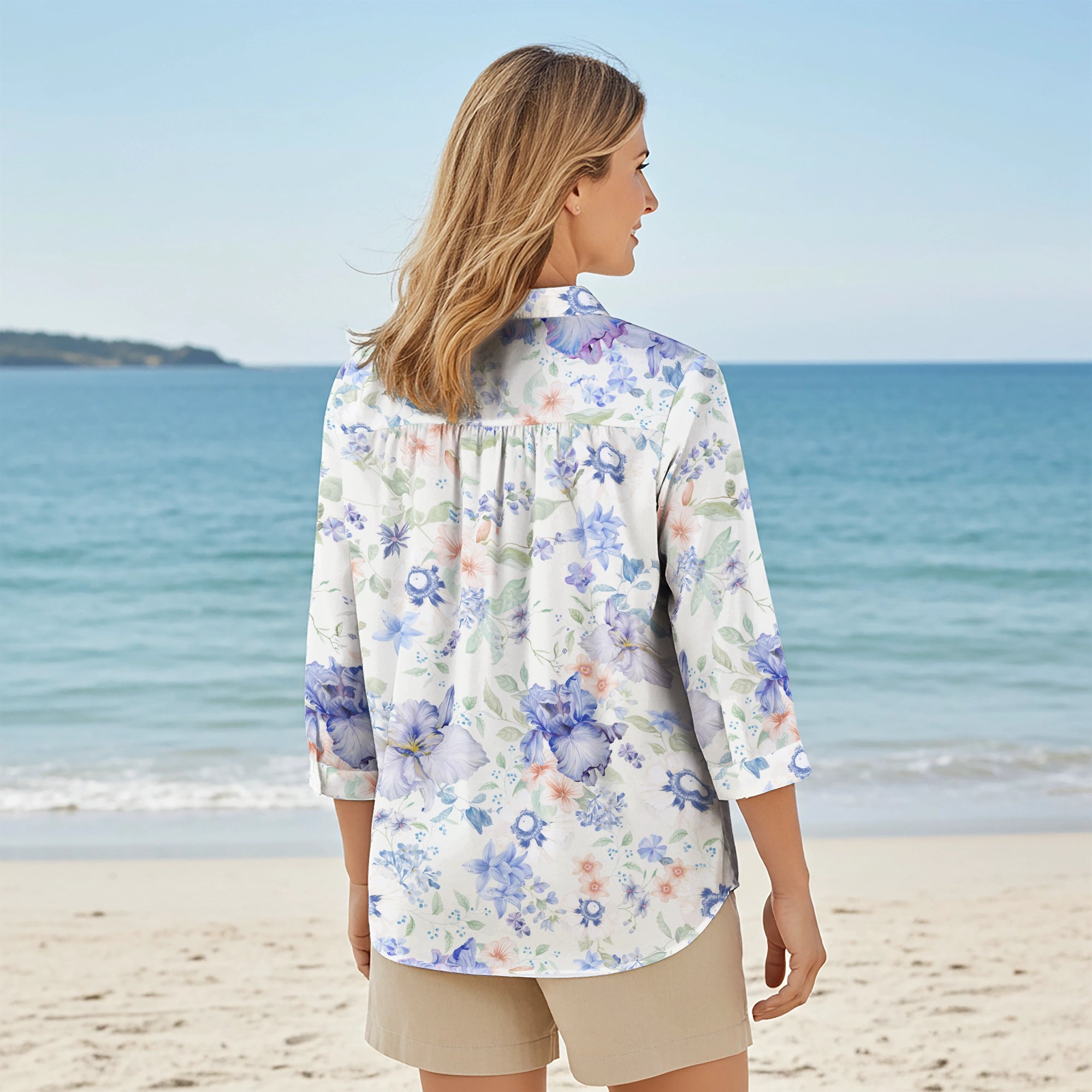 Women Casual Blouse 3/4 Sleeve V-neck Shirt Collar 100% Lyocell Blue Aloha Soft Blue Nocturne