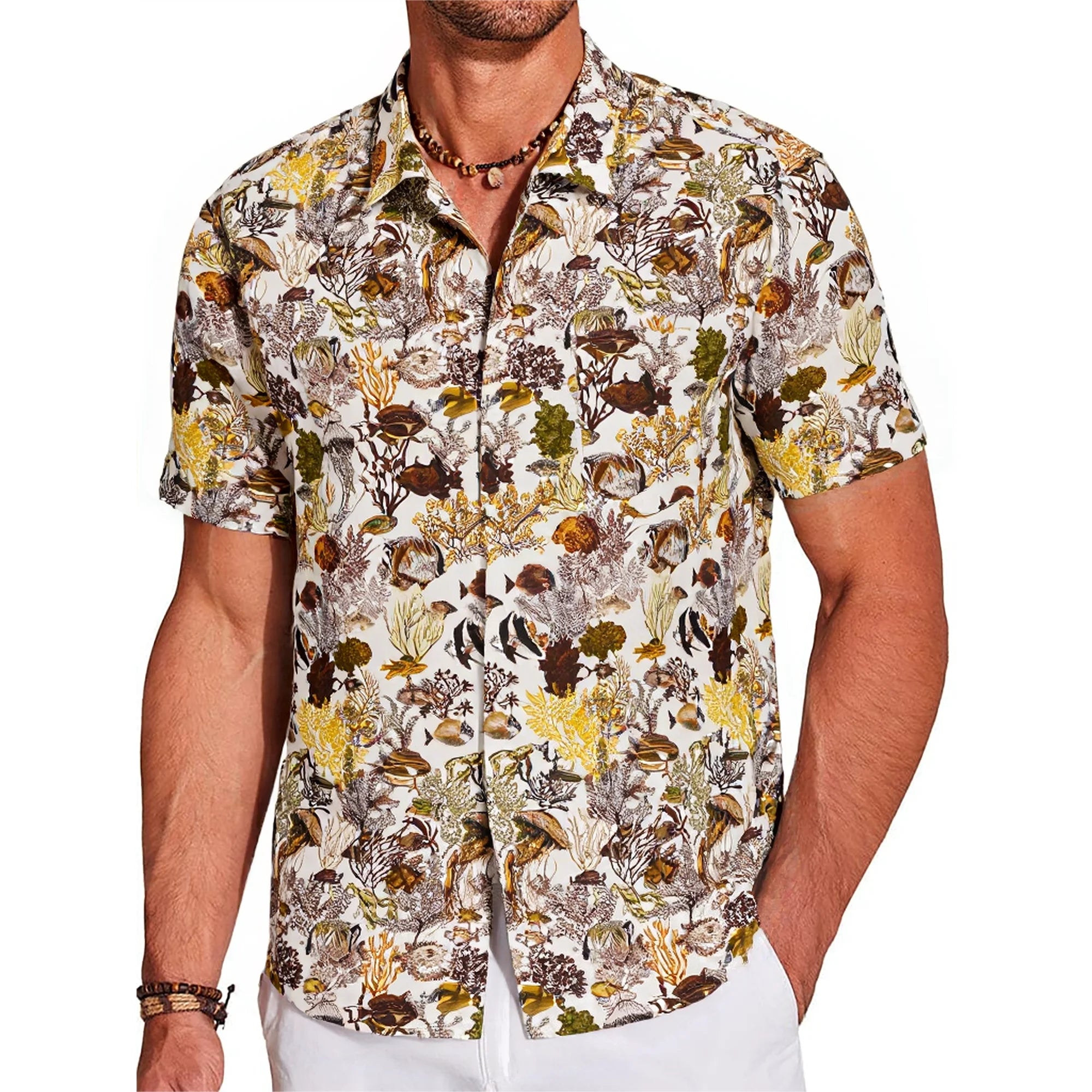 LeosWare® Men's Hawaiian Shirt Short Sleeve Button-up 100% Cotton Yellow Aloha Retro Oceanic Biome Ecological Pattern Illustration