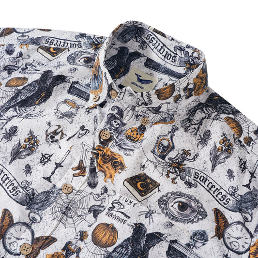 Men's Hawaiian Shirt Short Sleeve Button-down 100% Cotton White Aloha Black Magic