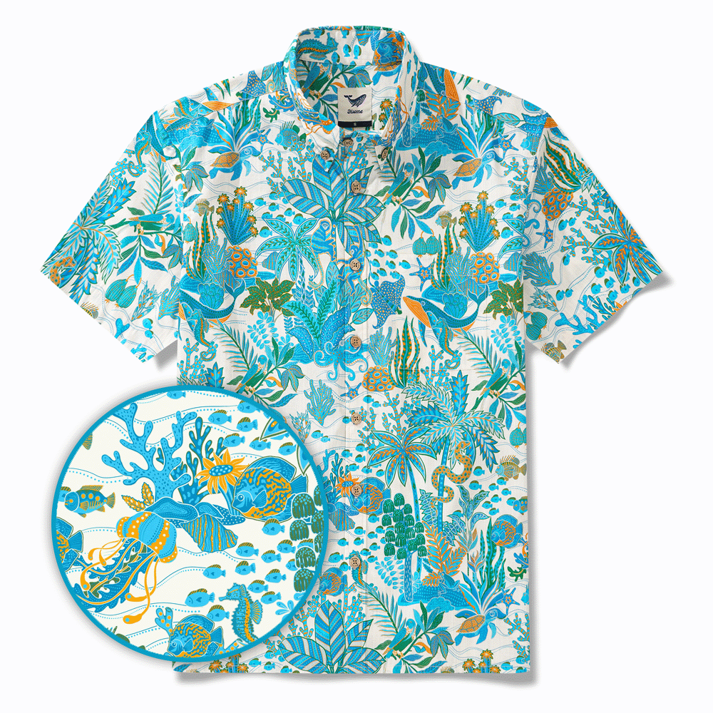 Herren-Hawaiian-Hemd Kurzärmel Button 100% Baumwollblau Aloha Fantasy Paradise