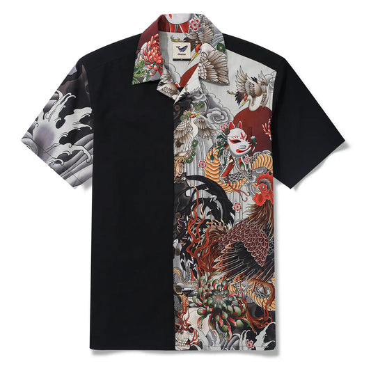 Art-inspired Hawaiian shirt with floral and bird motifs