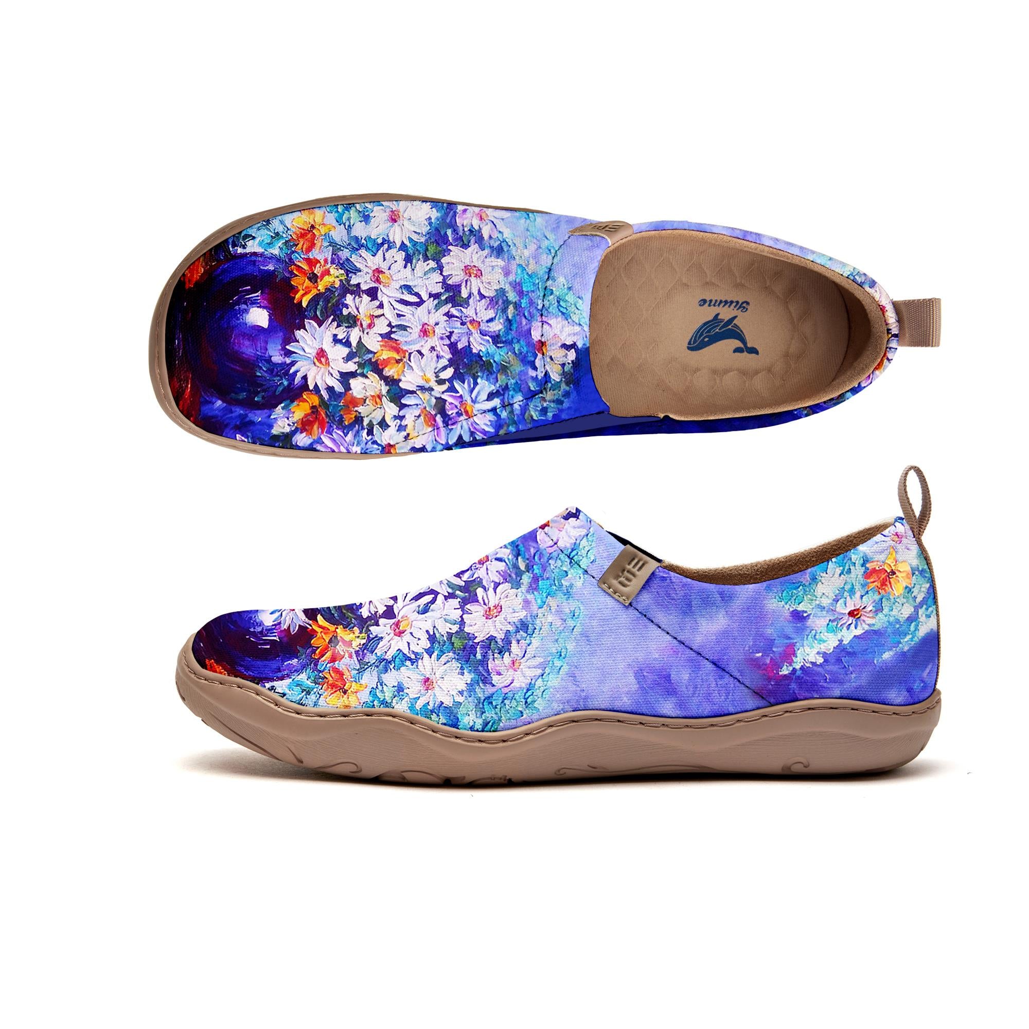 Yiume Femmes pour femmes Slip-On Casual Canvas Chaussures Bleu et Purple Huile Painting Flowers Peint, 100% Coton