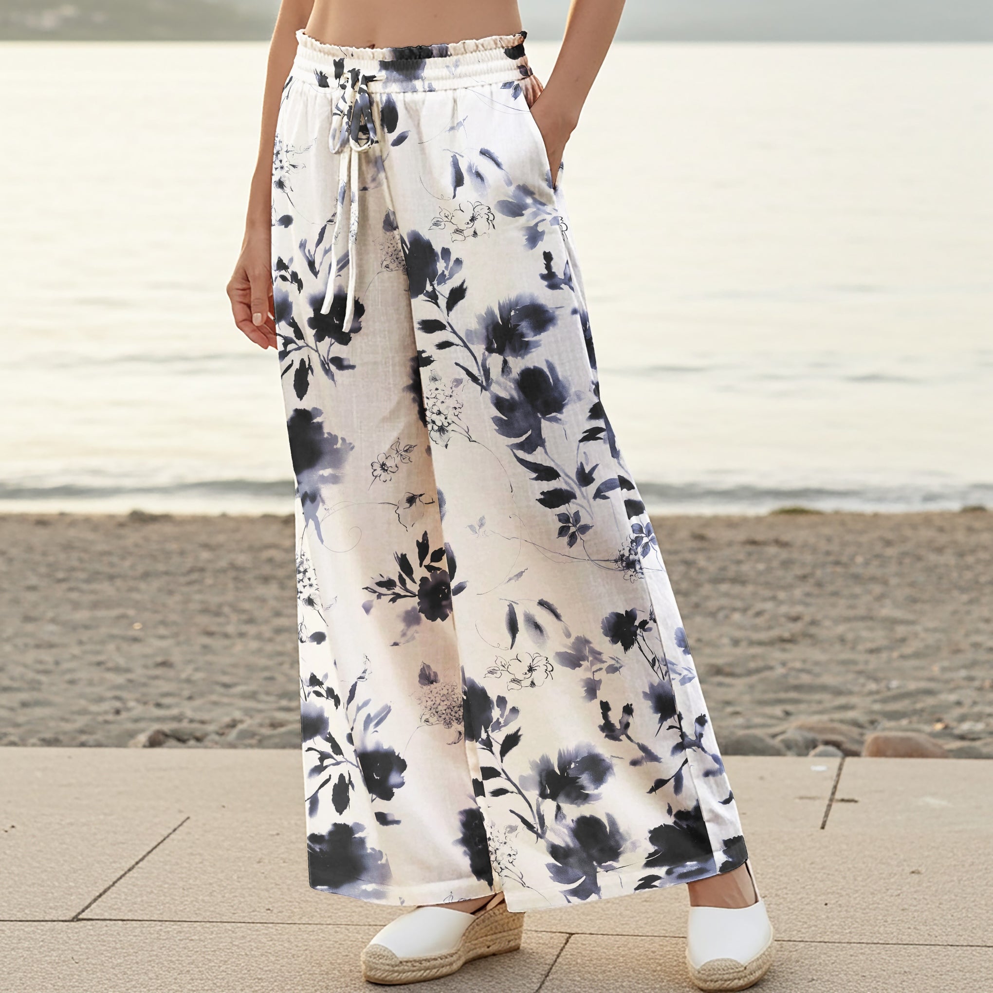Women Casual Pants Lounge Elastic Waist Drawstring 100% Cotton White Aloha Eastern Ink Charm