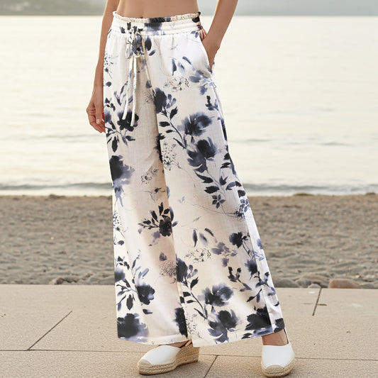 Women Casual Pants Lounge Elastic Waist Drawstring 100% Cotton White Aloha Eastern Ink Charm