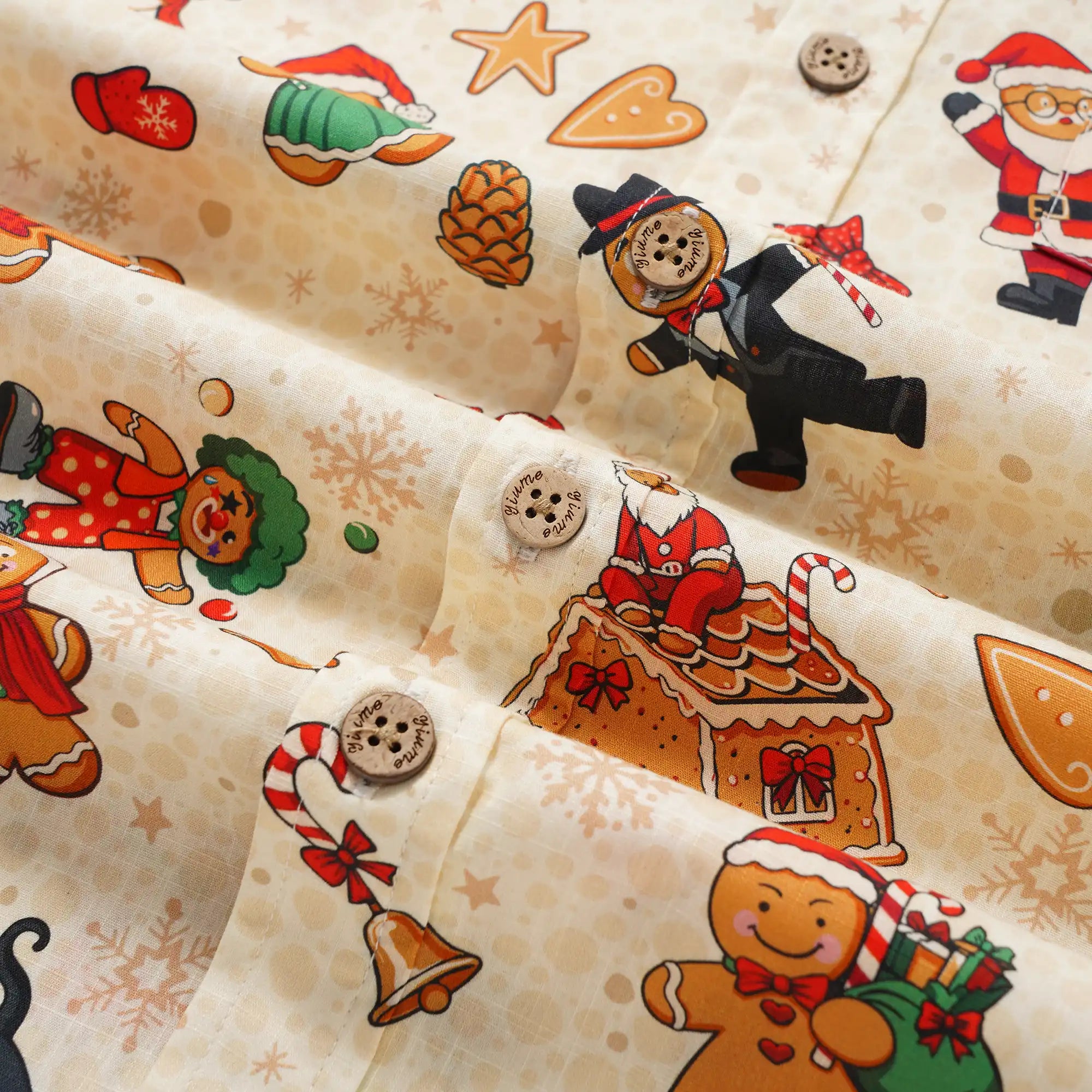 Men's Hawaiian Shirt Short Sleeve Button-down 100% Cotton Beige Aloha Gingerbread Christmas Carnival