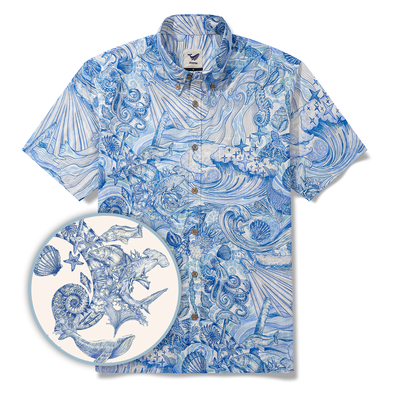 Chemise hawaïenne pour homme à manches courtes, boutonnée, 100 % coton, bleue, Aloha Rêve de l'Océan