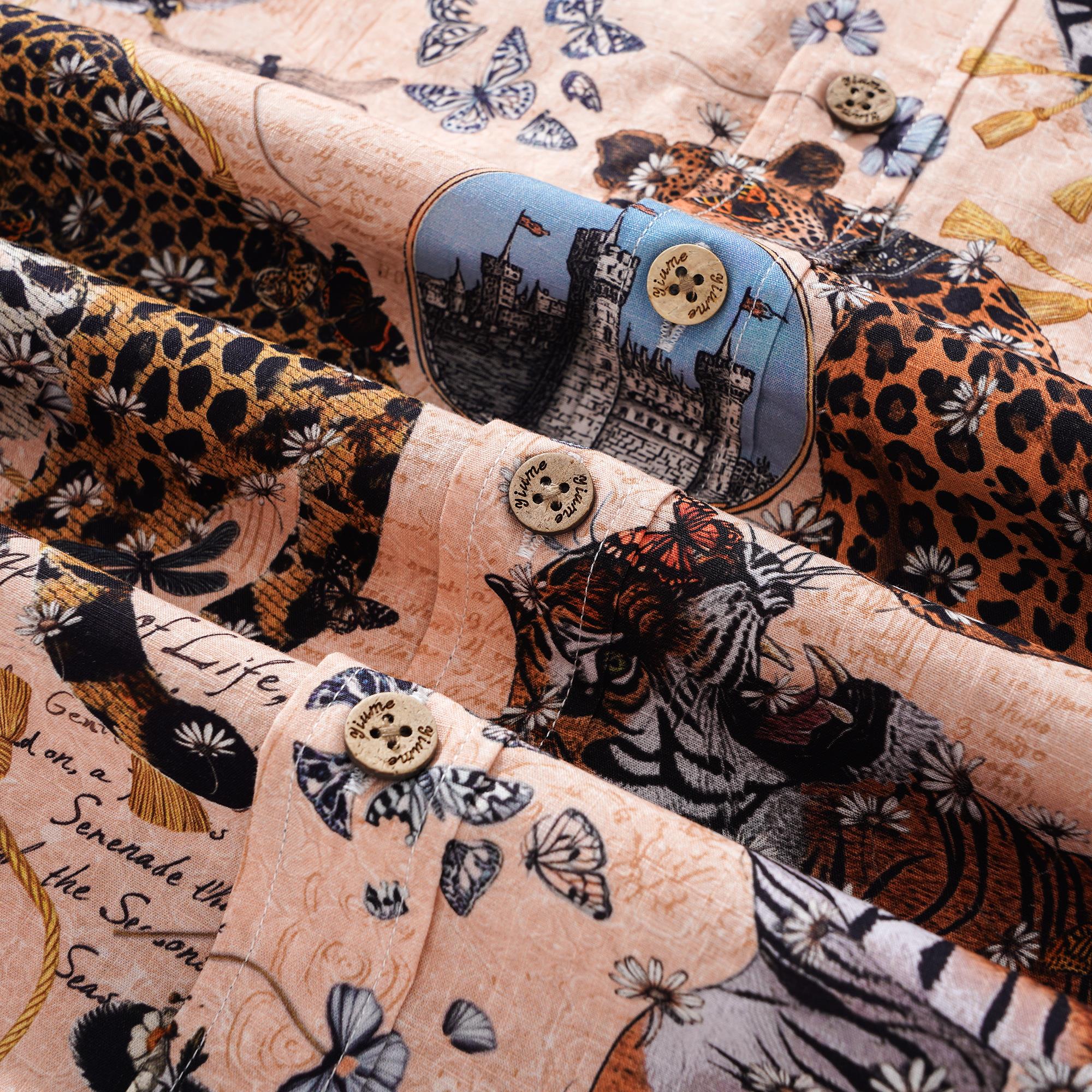 Men's Hawaiian Shirt Short Sleeve Button-down 100% Cotton Beige Aloha Wild Romance