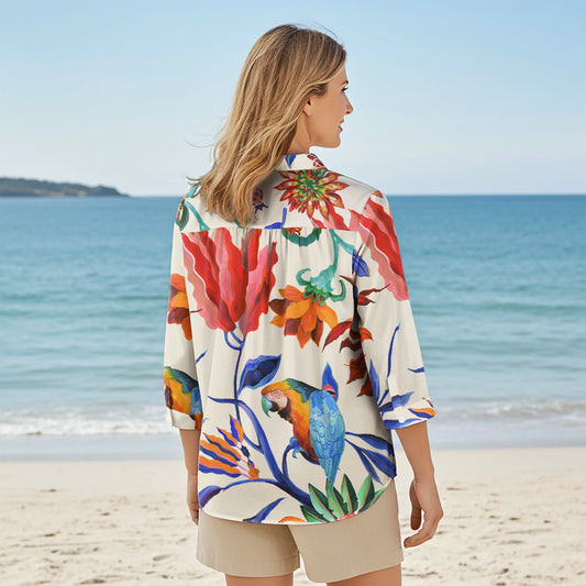 Women Casual Blouse 3/4 Sleeve V-neck Shirt Collar 100% Lyocell Orange Aloha Tropical Parrot Flower